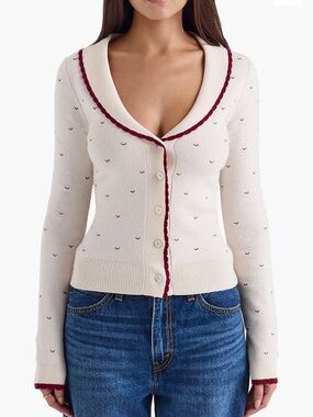 House of CB Marla Jacquard Cardigan Cream and Burgundy V-Neck Cardigan Sweater